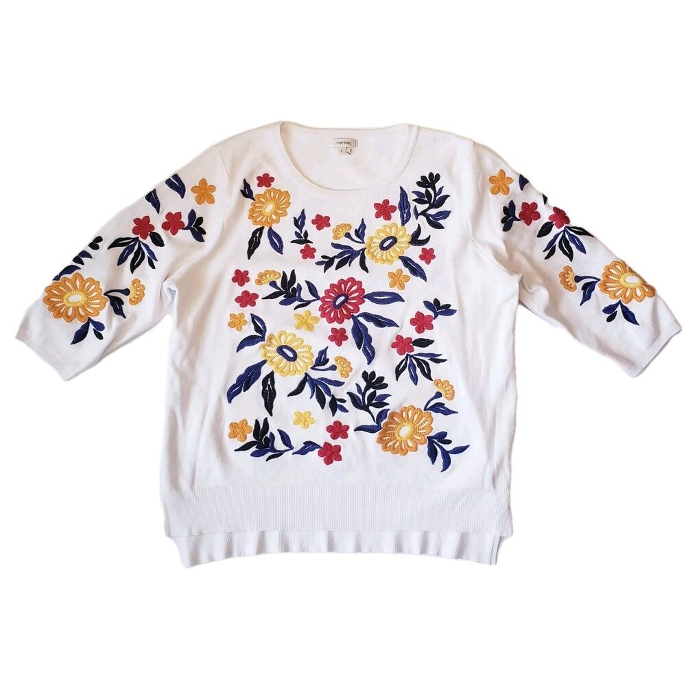 TYLER BOE Womens Large Sweater Pullover EMBROIDERED Floral White Lightweight